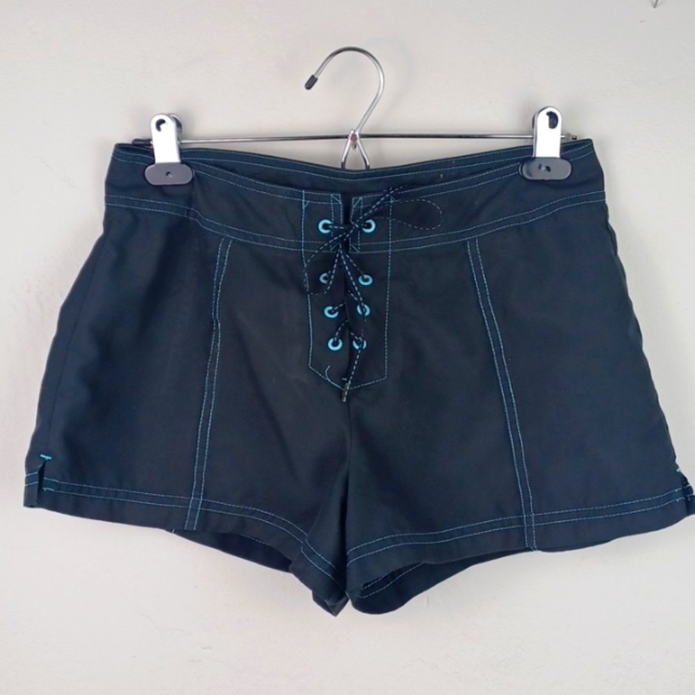 NO BOUNDARIES Black Sporty Beachy Turquoise Stitch & Eyelette Features Shorts